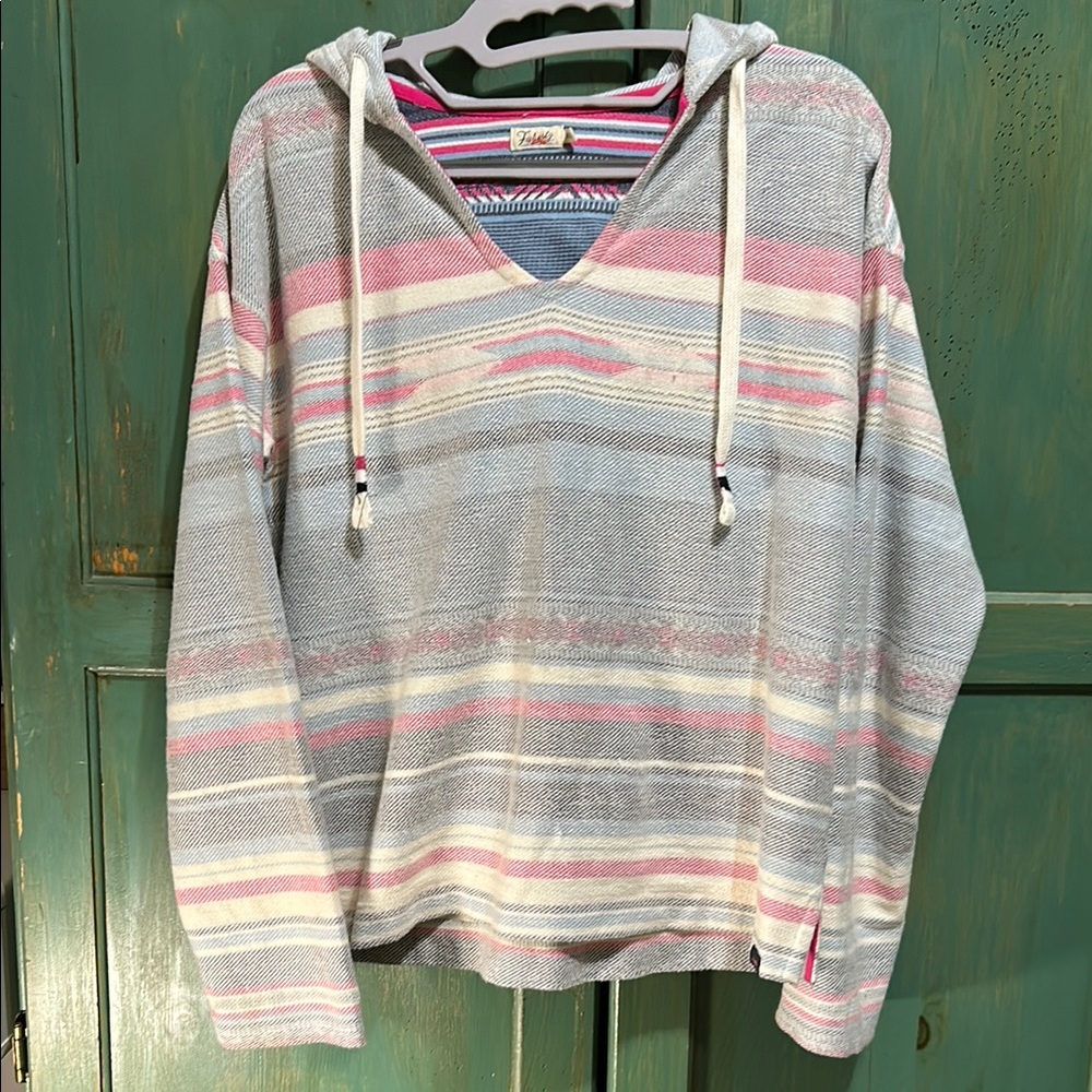 Faherty Brand Baja Neon Pink and Blue Striped Hoodie with strings